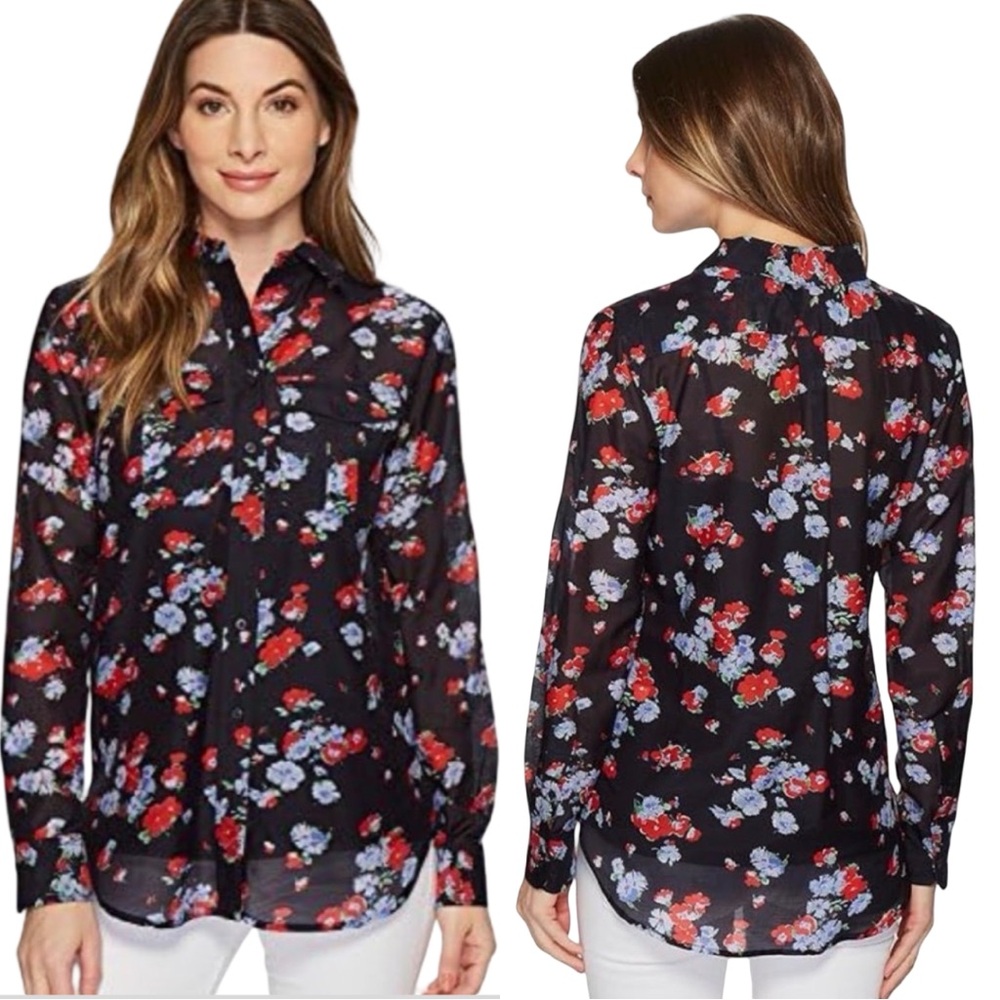 Lauren Ralph Lauren Cotton Silk Semi Sheer Floral Button Front Blouse Size Large